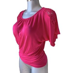Coquette Blouse Top Cold Shoulder Batwing Sleeve Pink Crochet Cut Out Tumblr Med